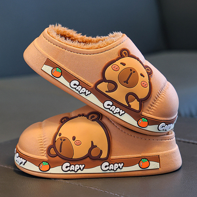 Capibara otoño y invierno zapatillas de algodón para niños, niños, niñas y niñas, calentamiento, terciopelo impermeable, bolsas de tacones de algodón para niños y niños.