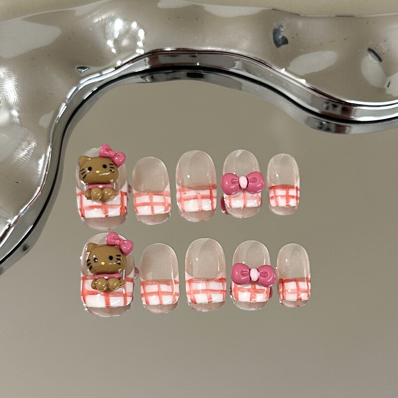 Hand-worn nail piece high-grade pink hand-painted check French nail art detachable cute cartoon white nails Hand-worn nail piece high-grade pink hand-painted check French nail art detachable cute cartoon white nails