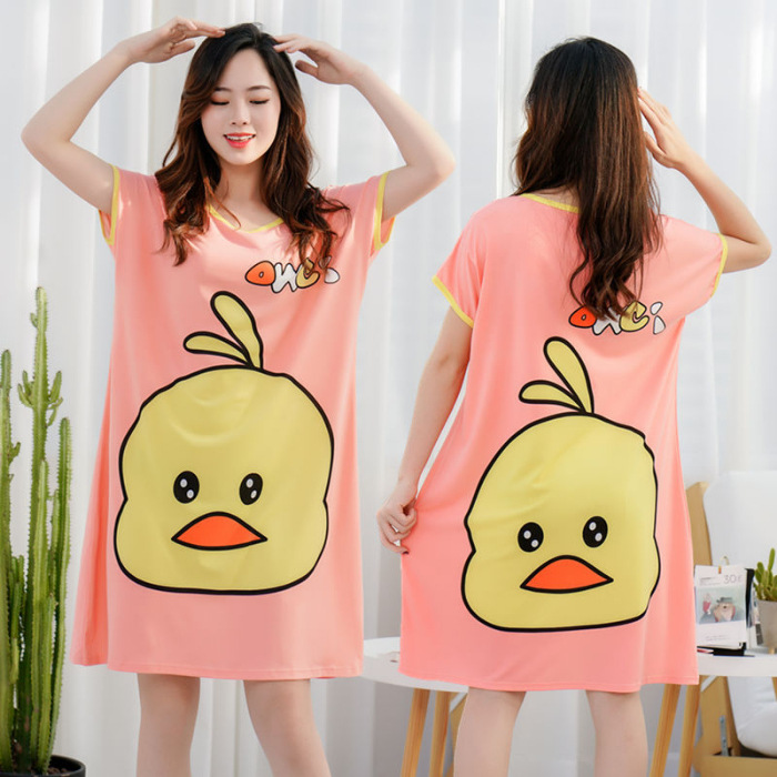 Camisón de las mujeres del verano Delgado manga corta nueva línea rojo estilo pijamas dibujos animados lindo señoras vestido flojo desgaste hogar