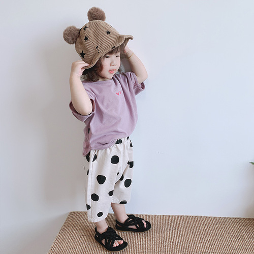 Korean children's clothing girls summer polka dot pants 2 children's style medium pants loose baby new cropped pants 1-3 years old