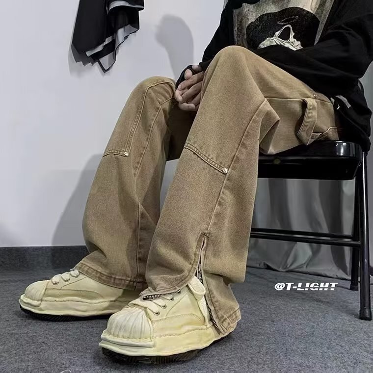 Japanese cityboy Pants High Street American Vibe Style Rivet Zipper Split Straight Pants Design Sense Jeans