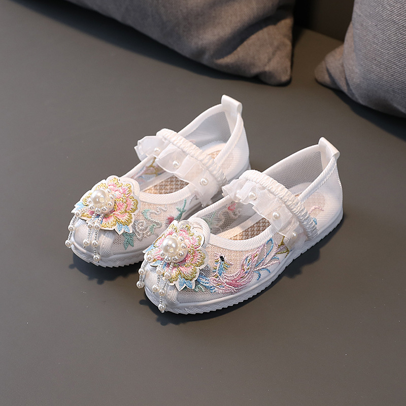 Phoenix-style girls' embroidered shoes with ethnic style children's mesh shoes, Hanfu shoes, baby ancient costume performance shoes, mesh fabric shoes
