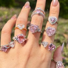 爱心S925纯银锆石戒指女粉色心形戒指银超闪爆款高碳钻冰花切