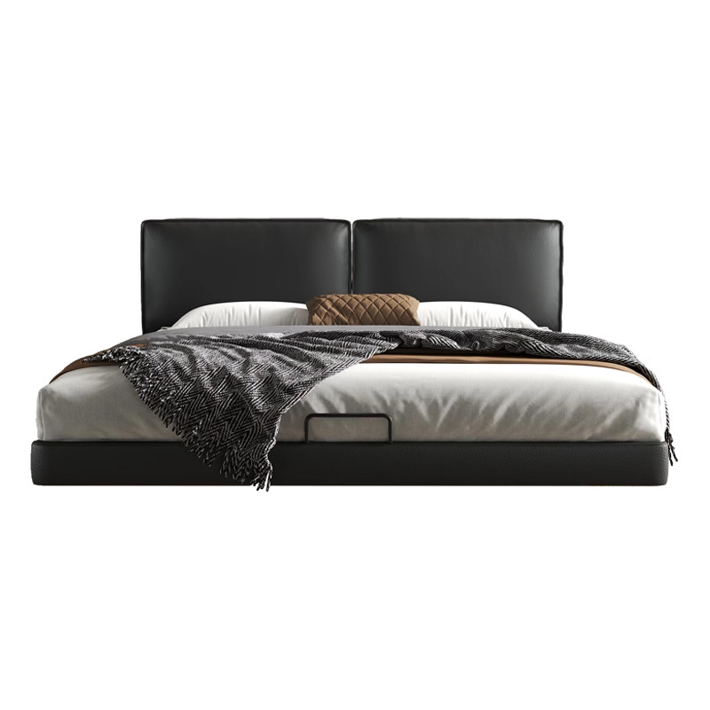 Cama de cuero de buey negro, cama principal, tofu negro, cama flotante, cama doble, cama de matrimonio simple.