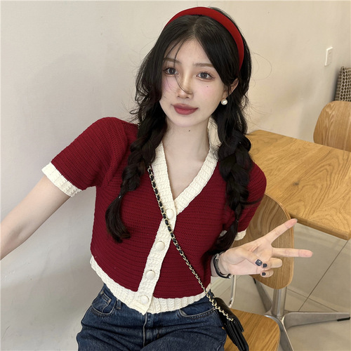 Blue Little Shang Wind Short-Sleeve Knit Top for Women, Summer Thin Open-Shirt Design Short Ice Silk Blouse Fashion