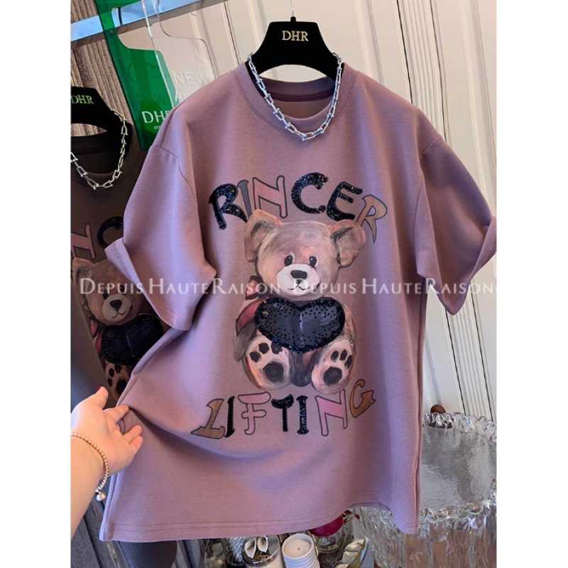 Camiseta de manga corta con estampado de oso, estilo europeo, cepillada y engrosada, para mujer, nueva colección otoño/invierno 2026, top adelgazante de talla grande con media manga. image 8