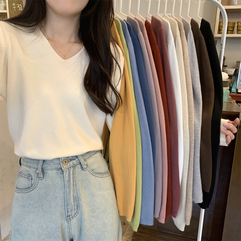 New Autumn and Winter Women's Ins Style Knitwear V Neck Bottoming Shirt Slim and Versatile Outer Wear Bottoming Knitwear Long-Sleeved Top