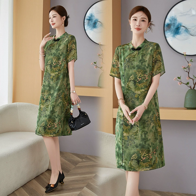 Новое стильное летнее платье для мам, улучшенное платье Cheongsam в стиле ретро, модная женская юбка средней длины со стойкой для среднего и пожилого возраста.