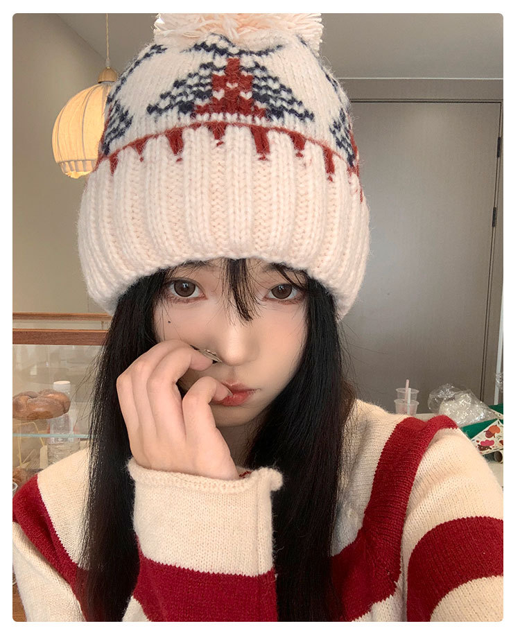 Gorro de punto con pompón, estilo jacquard retro coreano otoñal para mujer, ideal para el invierno. Diseño cálido y acogedor, con protección para las orejas, estilo Fair Isle._voghion.com