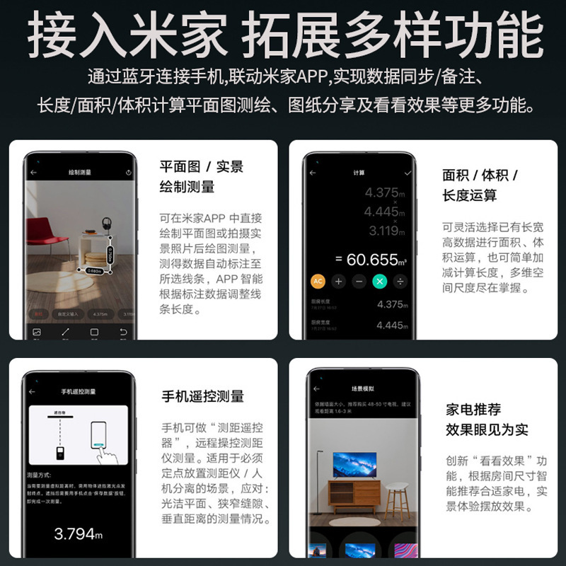 Xiaomiスマートレーザー距離計、高精度測量、小型電子定規、赤外線測定、装飾工事|undefined