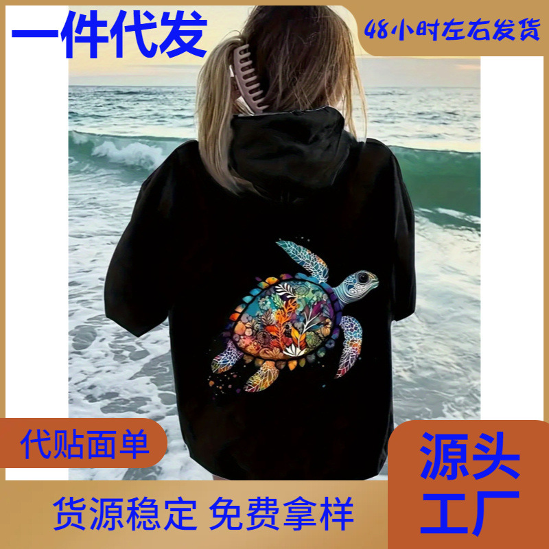 【Factory wholesale】Printed hoodie, casual long sleeve kangaroo pocket drawstring hoodie, women's black 【Factory wholesale】Printed hoodie, casual long sleeve kangaroo pocket drawstring hoodie, women's black