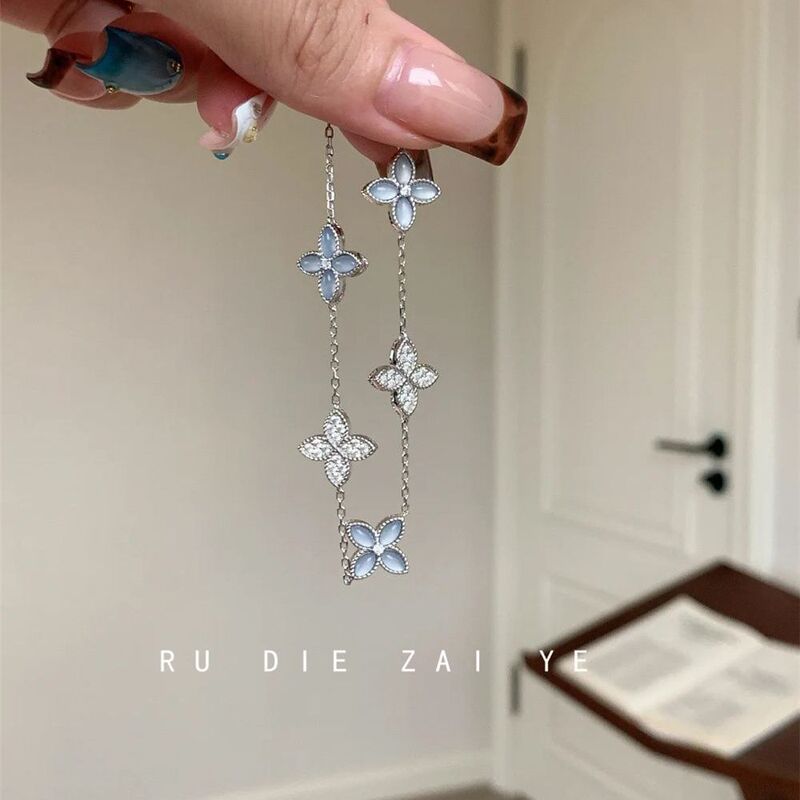 Kuning Blues Moment ~ Ultra-Transparent Blue Four-Leaf Clover Bracelet for Women, Accessible Luxury, High-End, Rich Daughter-Like Accessories