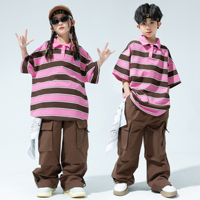 Boys street dance set, children's striped short sleeved T-shirt, children's runway fashion suit, girl's hip-hop workwear, performance suit