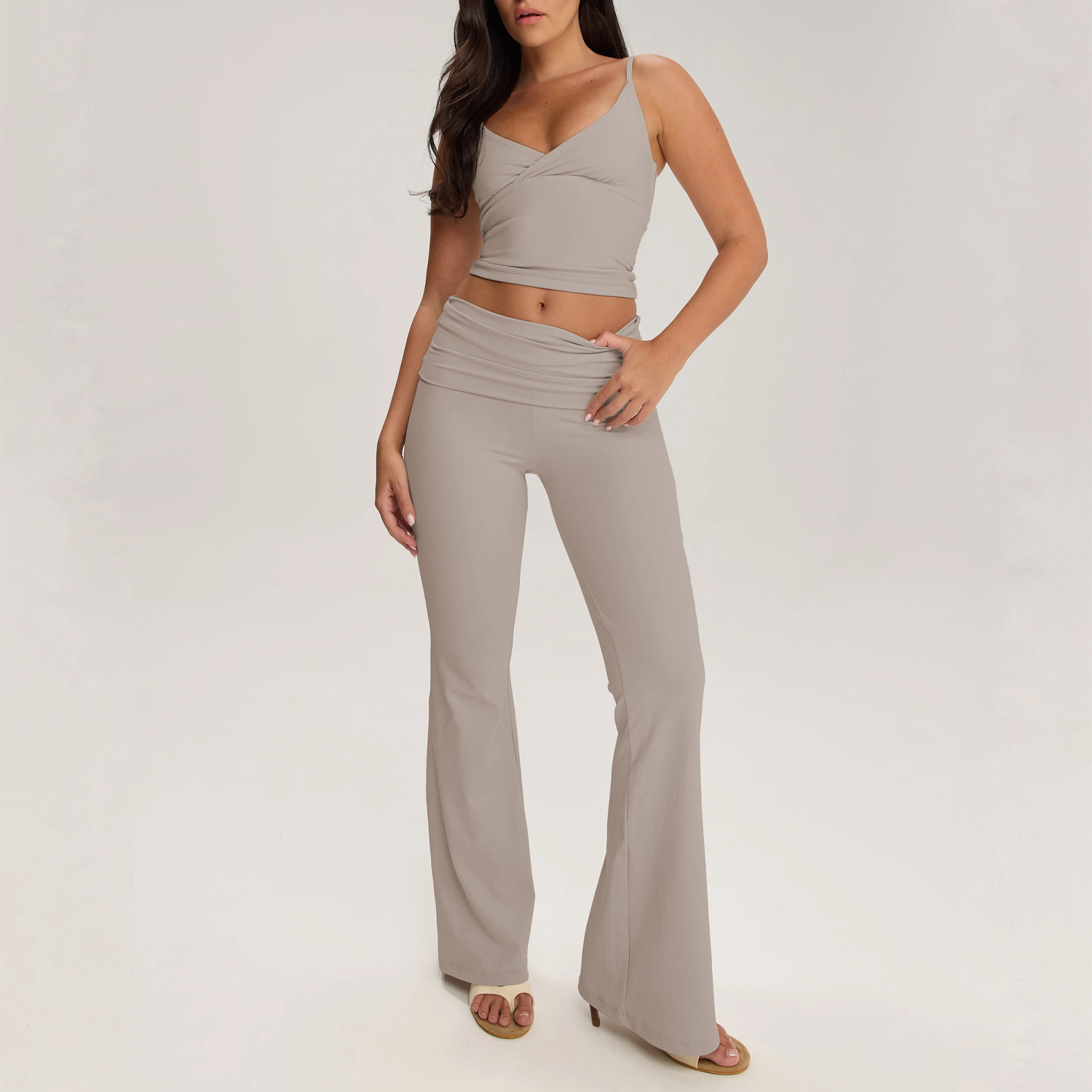 Nuevo conjunto de yoga plegable cabina de acondicionamiento físico chaqueta de mujer pantalones largos para correr pantalones deportivos de piernas anchas dos piezas image 11