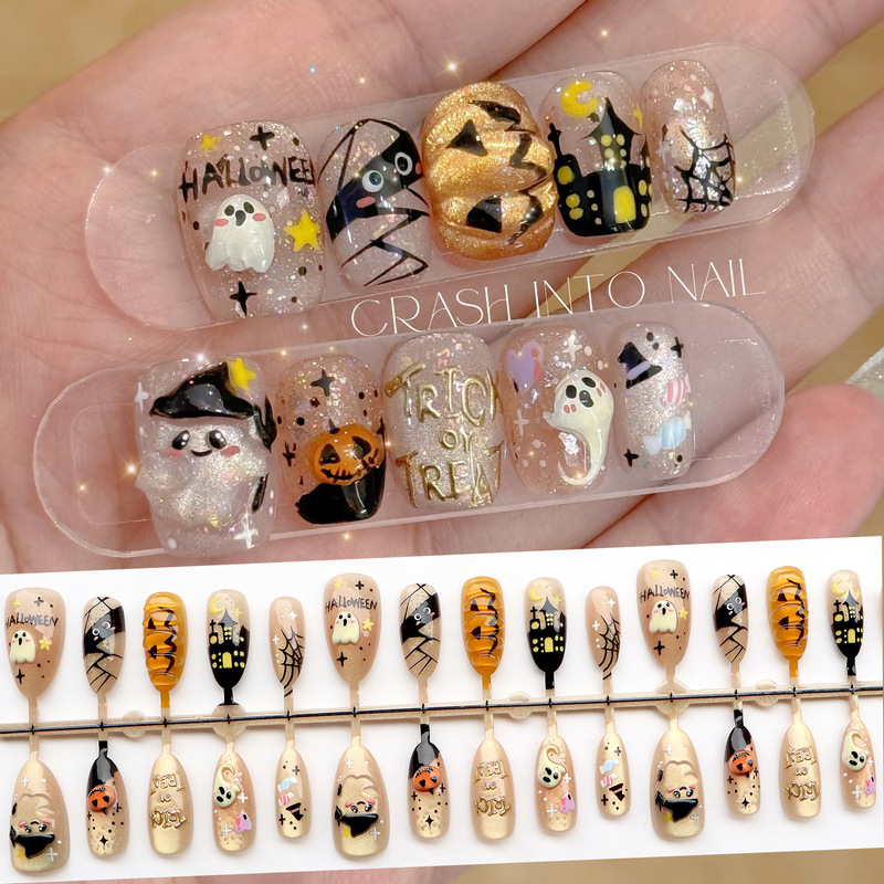 Best-selling Halloween cartoon pumpkin ghost almond-shaped press-on nails in Europe and America, funny 3D nail art wholesale Best-selling Halloween cartoon pumpkin ghost almond-shaped press-on nails in Europe and America, funny 3D nail art wholesale