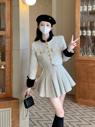 Xiaoxiangfeng suit  autumn new pleated skirt jacket small dress two-piece set small people look taller