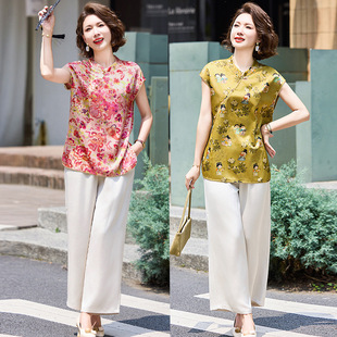 New Chinese Style Mom Summer Dress Rayon Satin Retro Short-Sleeved Tops 2025 New Middle-Aged and Elderly Style Chinese Style Tops