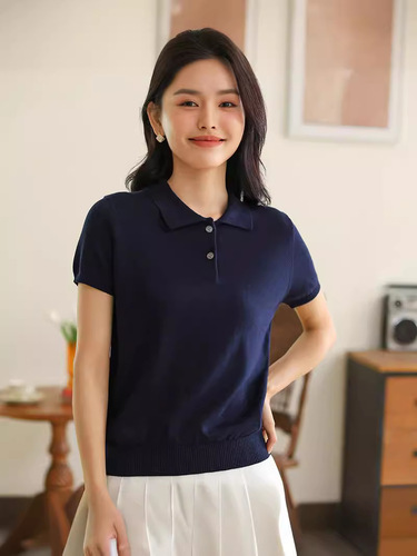 Spring and Summer New 100% Cotton Polo Neck Half Sleeve Women's Basic Simple Versatile Casual Underwear Knitted Vest T-Shirt 