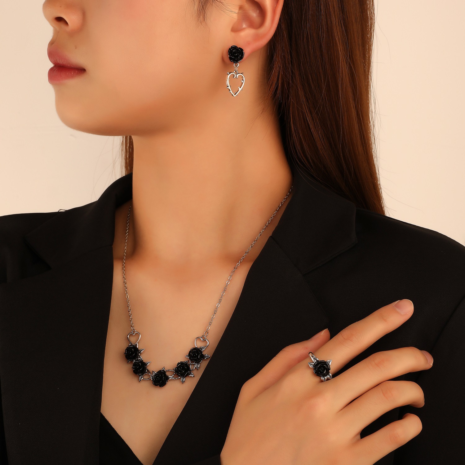 simple rose necklace ring retro simple three-dimensional flower ear clip earring Valentineu0027s Day