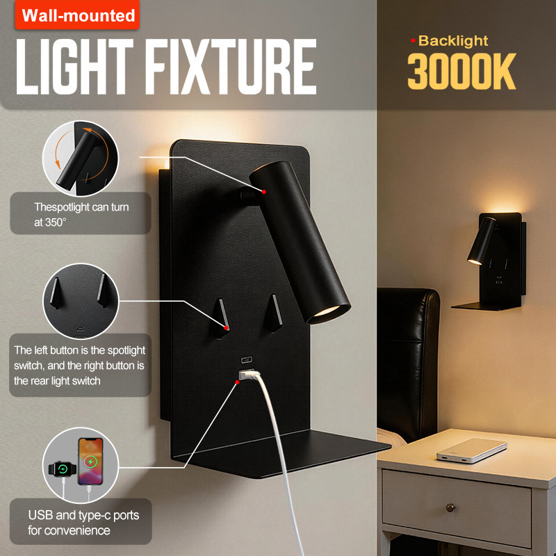 Cross-Border Led Wall Lamp USB Port Mobile Phone Shelf Charging with Switch Bedroom Wall Lamp Normcore Hotel Bedside Reading