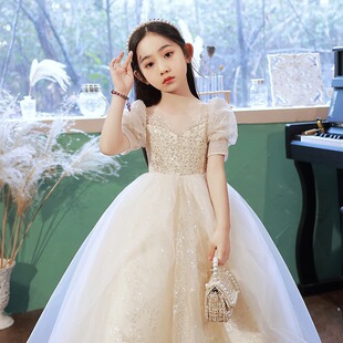 Little Girl Dress 2025 Summer New Champagne Color Birthday Fluffy Yarn Host Catwalk Piano Performance Suit