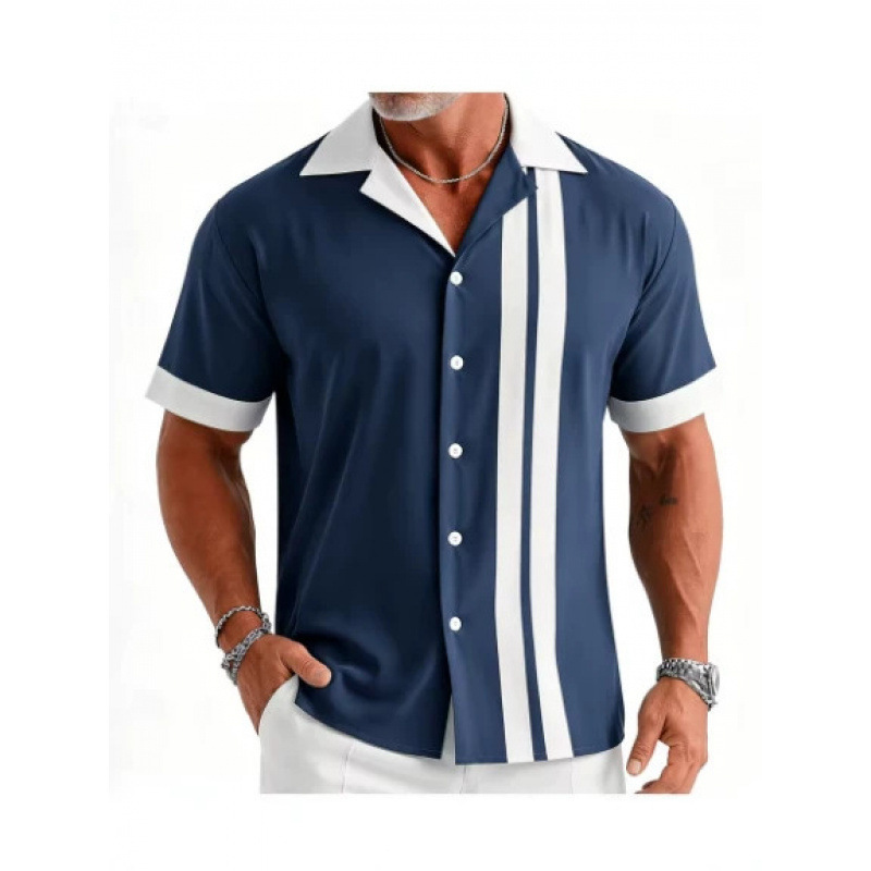 Men's Navy White Vintage Bowling Stripe Short Sleeve Shirt, Casual Sports Shirt, Comfortable and Breathable Summer Shirt Men's Navy White Vintage Bowling Stripe Short Sleeve Shirt, Casual Sports Shirt, Comfortable and Breathable Summer Shirt