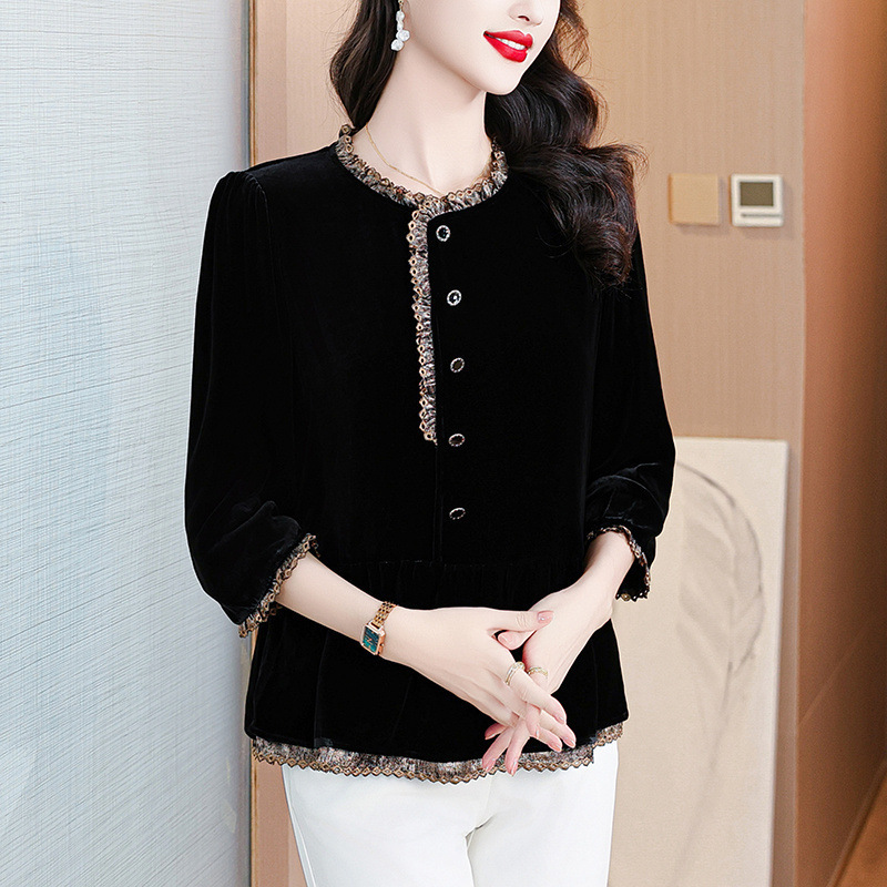 High-Quality Age-Reducing Middle-Aged Women's Fashionable Mulberry Velvet Tops Spring & Fall New French Lace Shirt Shirts