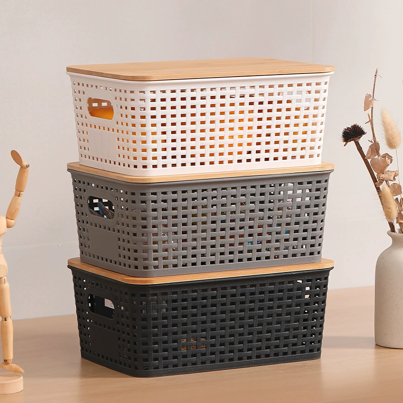 Пластиковые полые тканые корзины для хранения игрушек настольные книги в клетку с бамбуковой крышкой можно наложить корзину для хранения оптом