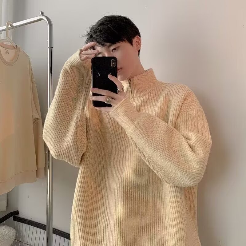 Japanese solid color base trend knitted sweater with zipper