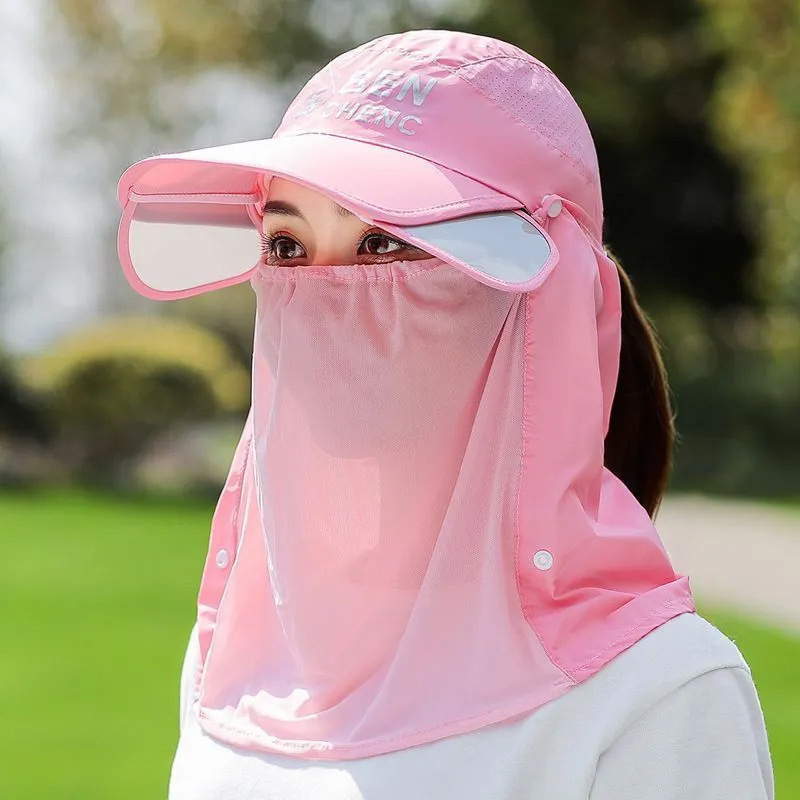 女性用日焼け止め帽子、夏用フルフェイスUVカット日よけ帽子、マスク、ネックプロテクター、一体型ホットラベル中空トップサンハット|undefined