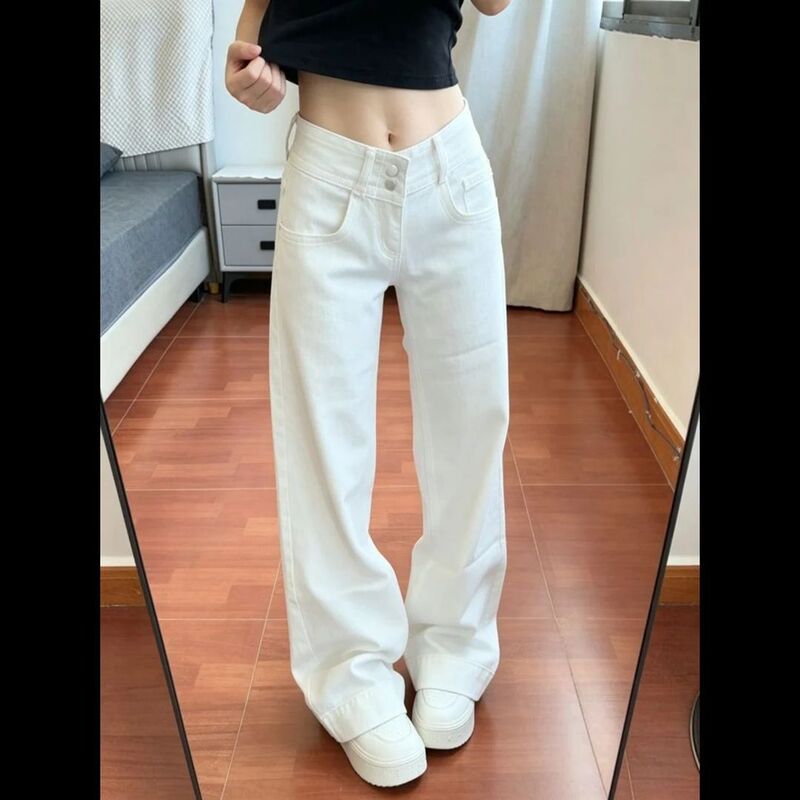 American retro white low-rise flared jeans for women, summer hot girl high street design, slim-fit straight pants