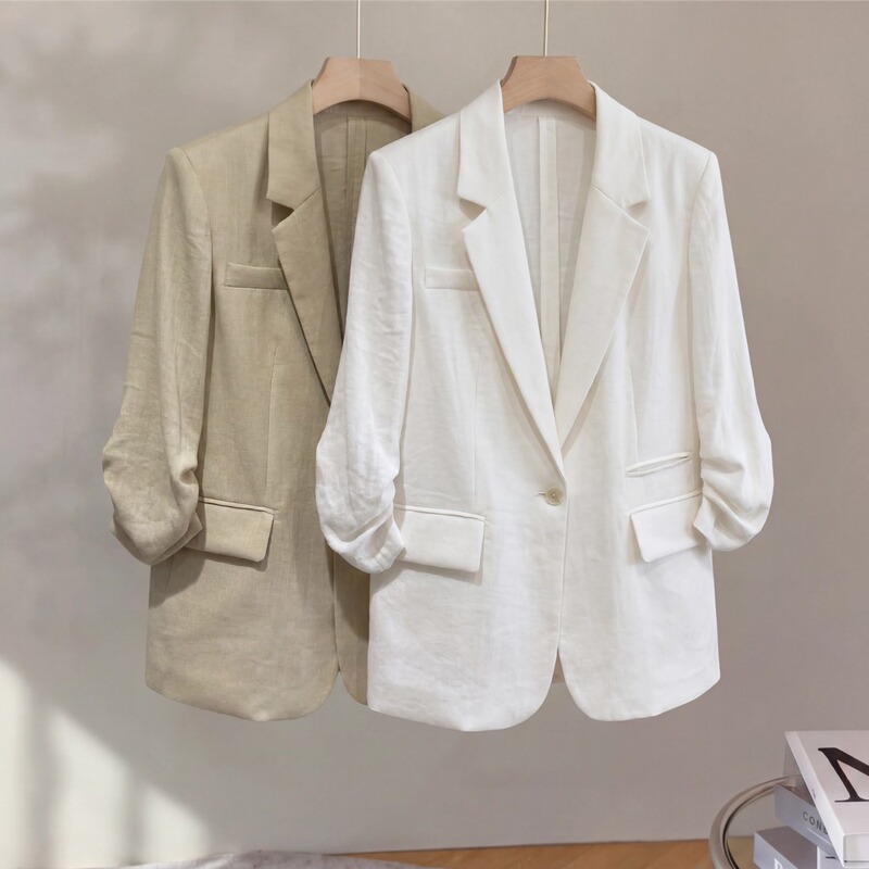 High-End Tencel Linen Textured Pleated Three-Quarter Sleeve Blazer for Women, Summer Fashion, Stylish and Lightweight Suit High-End Tencel Linen Textured Pleated Three-Quarter Sleeve Blazer for Women, Summer Fashion, Stylish and Lightweight Suit