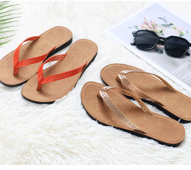 Dép xỏ ngón nữ quai ngang da PU chống trượt, đi biển và đi chơi mùa hè — Màu Sâm panh, Màu đỏ chi tiết 14