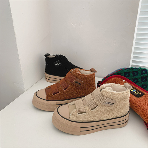  Autumn/Winter Plush Warm High-Top Canvas Shoes for Women, Hong Kong Style, Original Style, Magic Tape Cotton Shoes, Korean Version, Street Style, Versatile Shoes