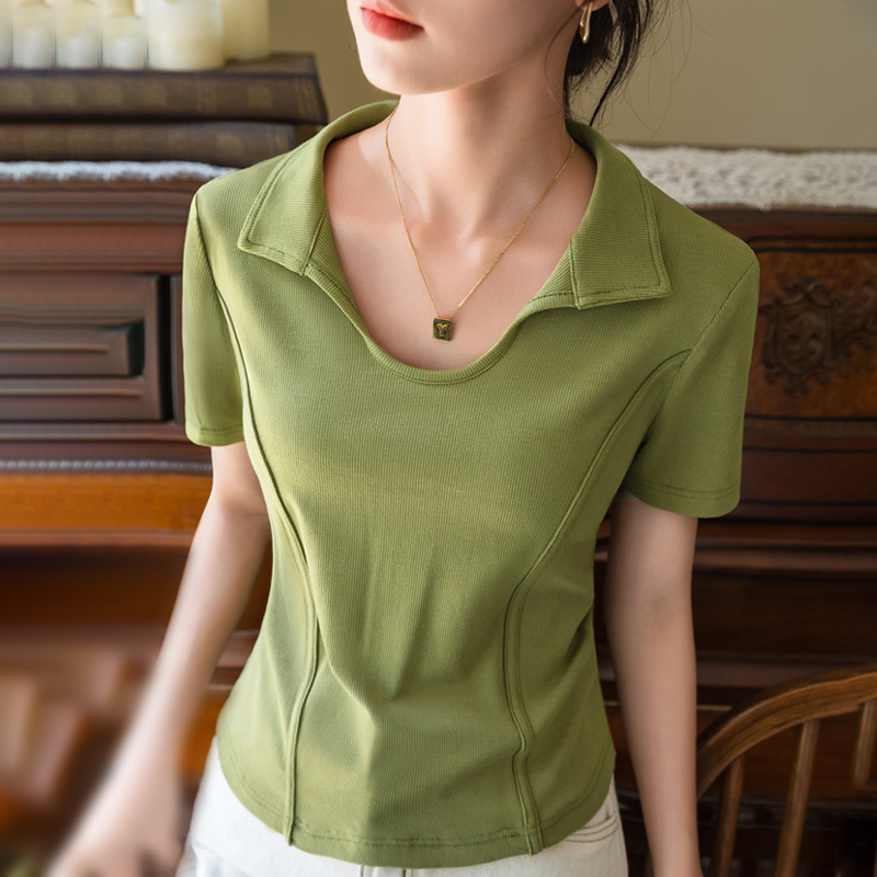 Camiseta de manga corta de hilo para mujer verano 2023 nueva camiseta de solapa elegante para mujer camisa de polo de estilo maduro ligero Fishbone top