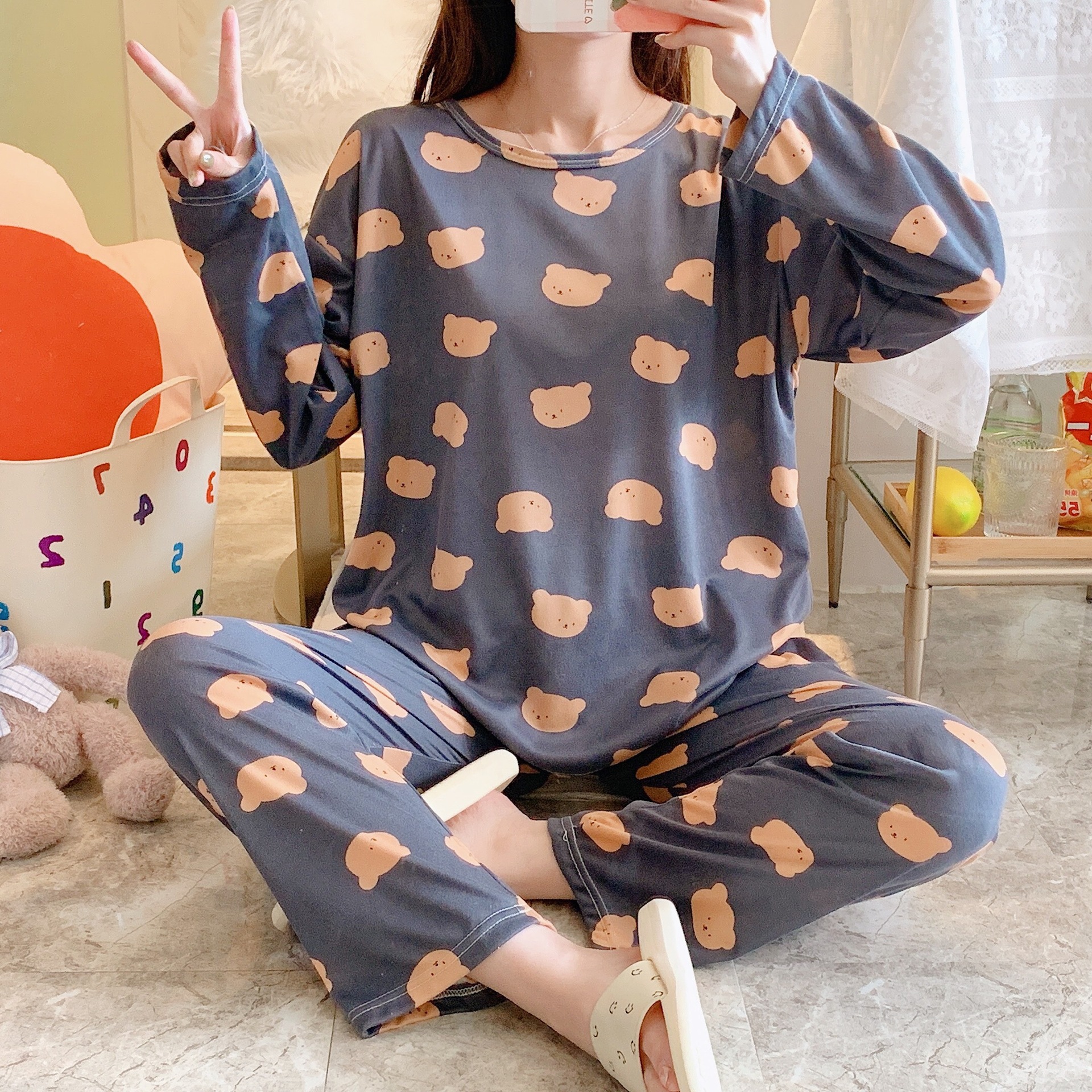 Pijamas de manga larga para mujer, primavera y verano, con diseño de gato de dibujos animados, novedad 2025, conjunto de ropa de estar en casa para otoño e invierno, estilo influencer de internet.