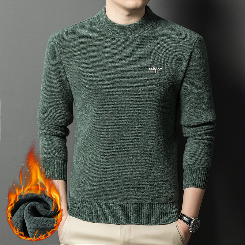 新款羊毛衫男冬季圆领加绒加厚高档休闲宽松保暖针织毛衣一件代发