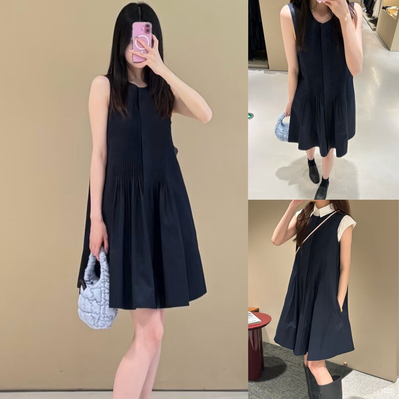 WENYUE 25 Summer New Minimale Pleated Sleeveless dress Temperament Commuting Cotton A- Pendulum Vent Dress