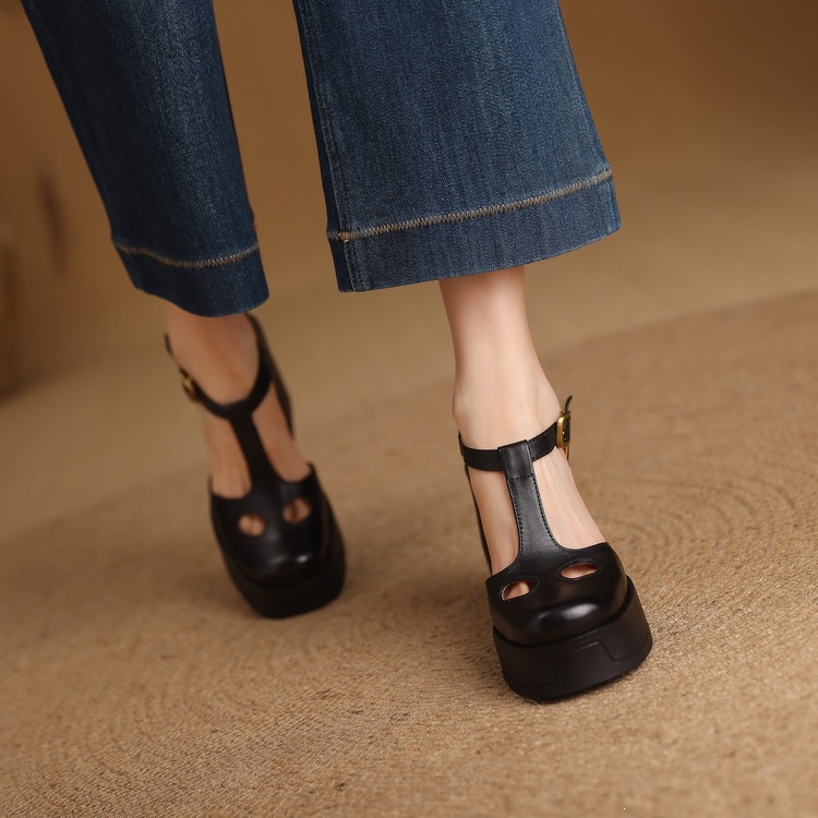 Sandal nữ đế xuồng platform gót vuông phong cách vintage khóa kim loại — màu nâu, màu đen chi tiết 63