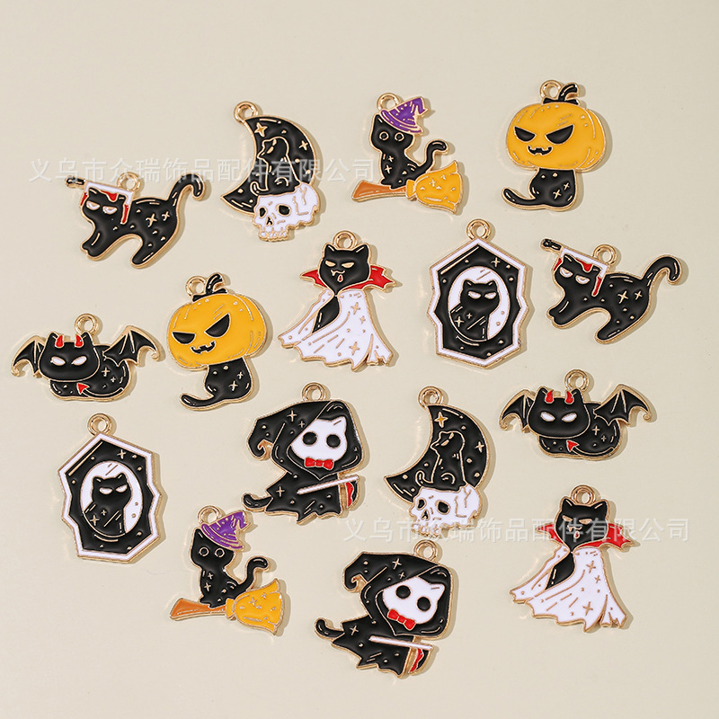 万圣节饰品配件滴油月亮猫咪骷髅吊坠DIY合集手机链钥匙扣挂件