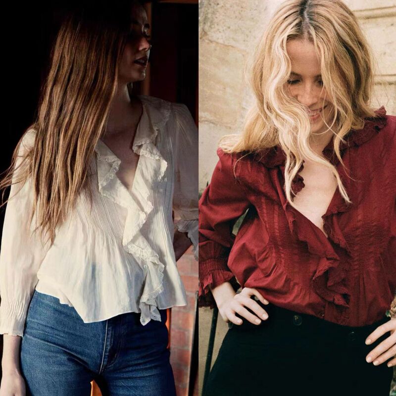 DO Sweet Dream Organ Pleat-Atmosphere French Romantic Heavy Industry Tucker Pleated Lotus Collar Cotton Shirt