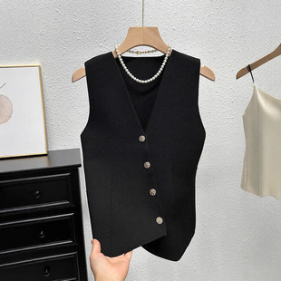 Black Knitted Vest for Women, Summer Design, Fashionable and Personalized, Irregular Short Vest, Sleeveless Top, Trendy