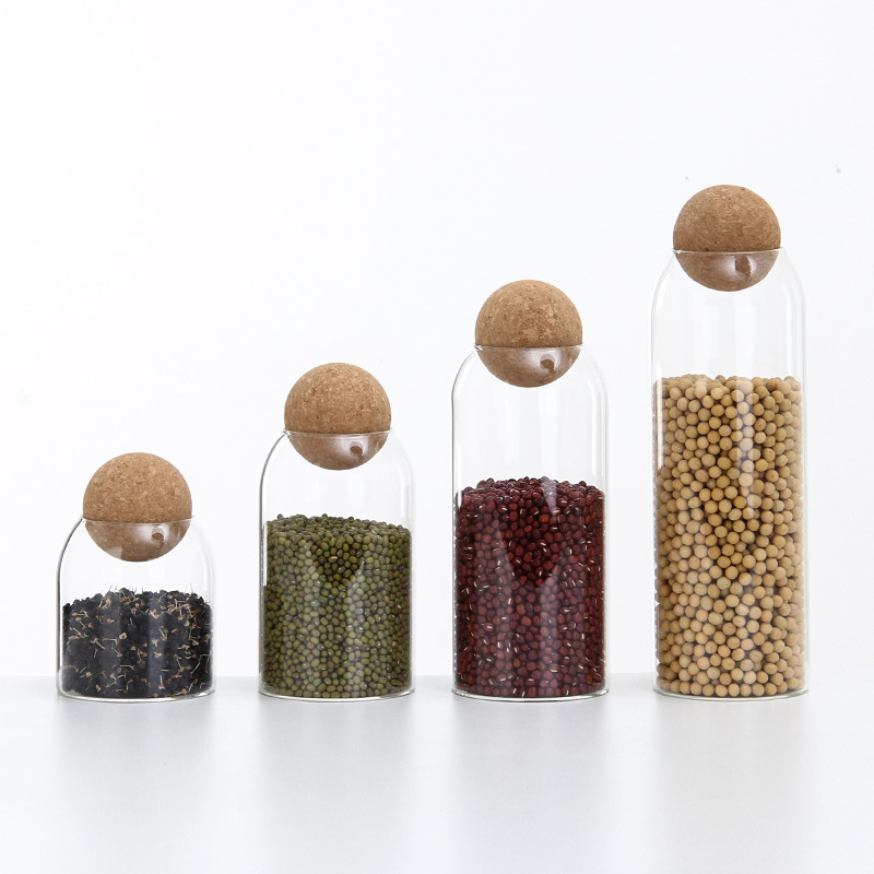 Taza de almacenamiento de vidrio casero corcho lata de té transparente granos botella de almacenamiento de granos granos esféricas lata de sellado de granos de café