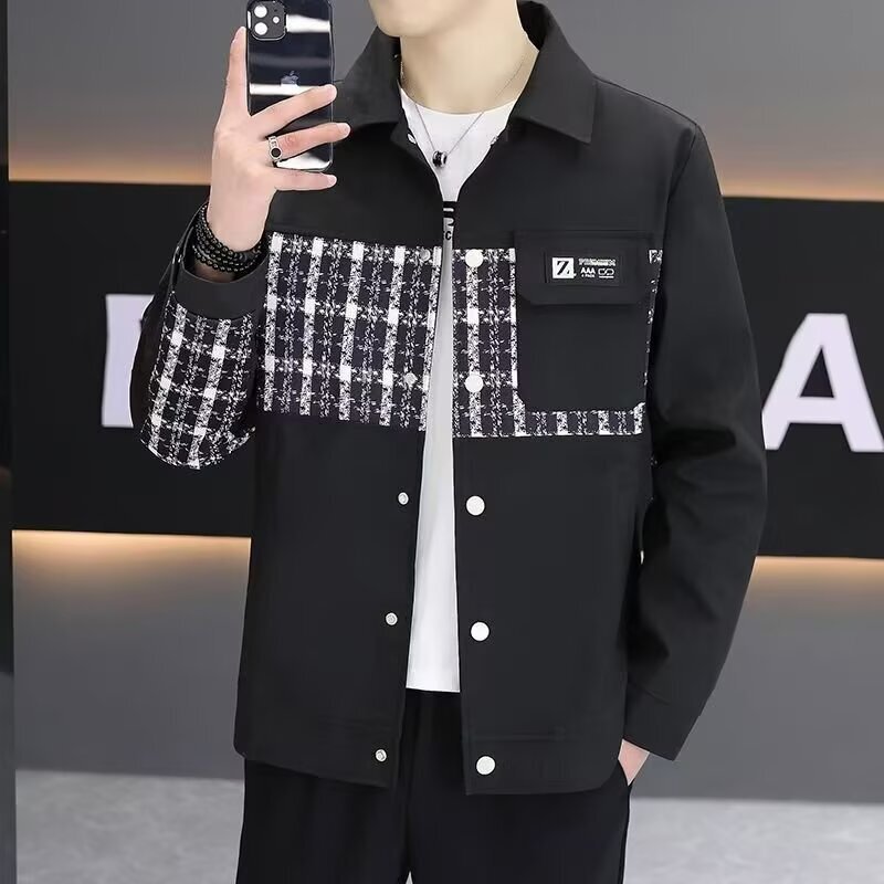 Lapel Men's Jacket 2024 Spring and Autumn New Fashion Micro Loose Casual Stitching Jacket Men's Black Jacket Lapel Men's Jacket 2024 Spring and Autumn New Fashion Micro Loose Casual Stitching Jacket Men's Black Jacket