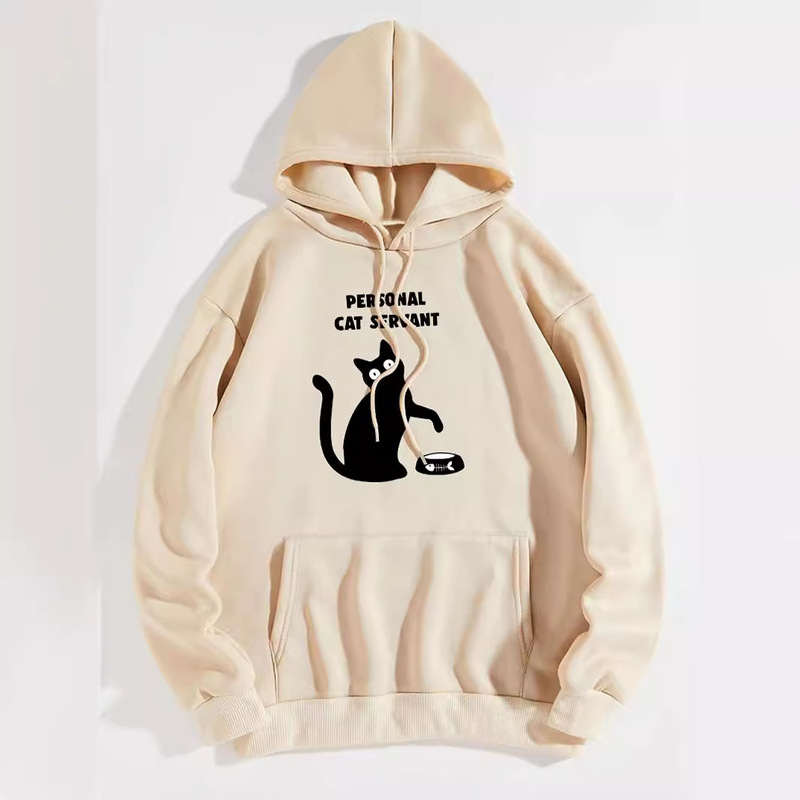 Foreign Trade Women's Velvet Sweatshirt Plain Private Cat Maid Print Kangaroo Flap Pocket Pants Drawstring Printed Hoodie