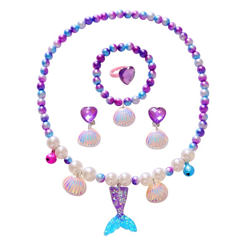 Collar para niños sirena cola collar de perlas para niñas pulsera anillo pendientes traje para niñas accesorios para bebés