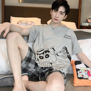 Men's summer pijama, thin cartoon crayons, set, with short sleeve, for teenagers
