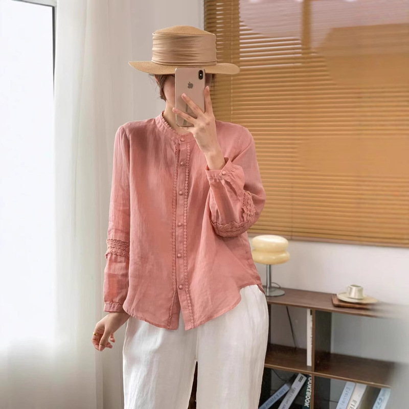 Spring and Summer 2025 Solid Color Ramie Artistic Doll Shirt Lantern Sleeve Stitching Lace Collar Buckle Elegant Mori Girl Small