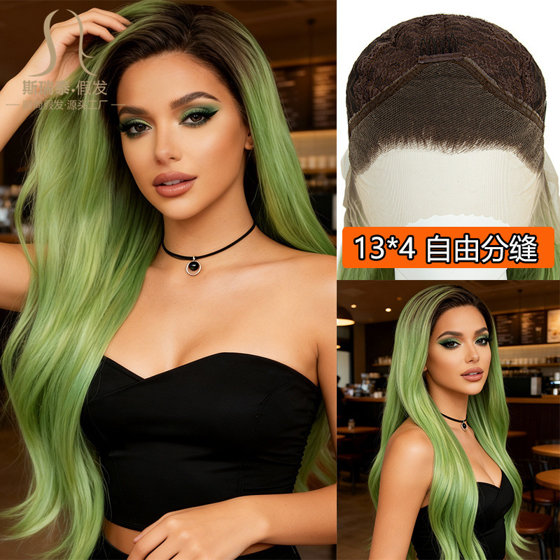 Tiktok Lace Wig Dyed in Grass Green Gradient Natural Curly Style for Women, Large Area 13X3 Lace Wig Set