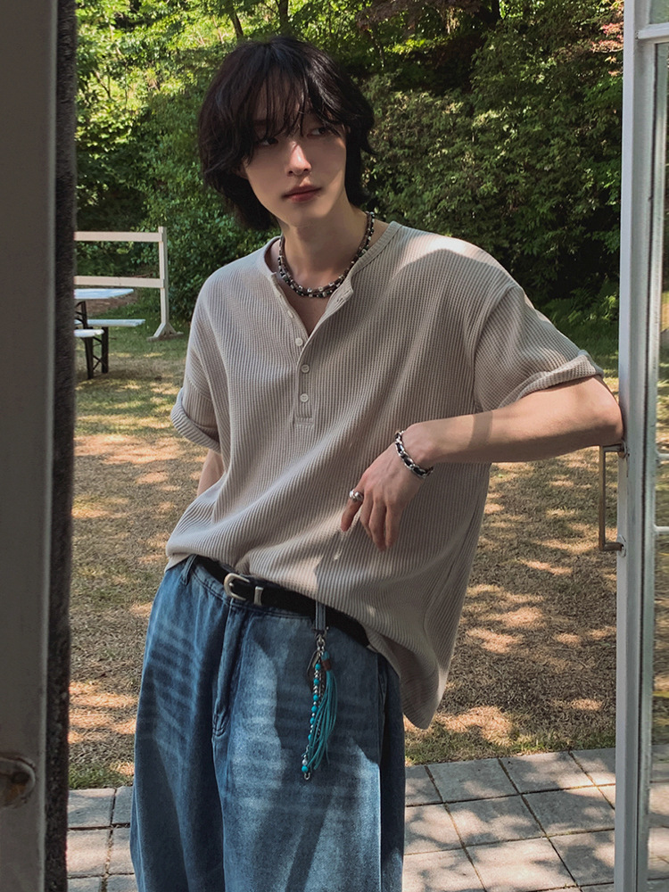 MYQ ヘンリーカラー半袖 Tシャツメンズ夏ルーズカジュアル半袖 Tシャツ韓国通勤オールドマネースタイルトレンド